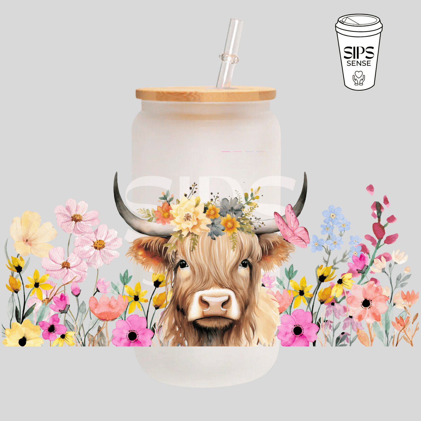 Floral Highland Cow UV DTF Wrap